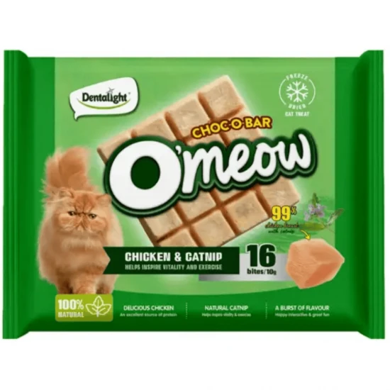 Dentalight O'meow Choco-Bar Chicken & Catnip Лиофилизирано лакомство за котки с пиле и котешка трева, 10 гр. (16 хапки)